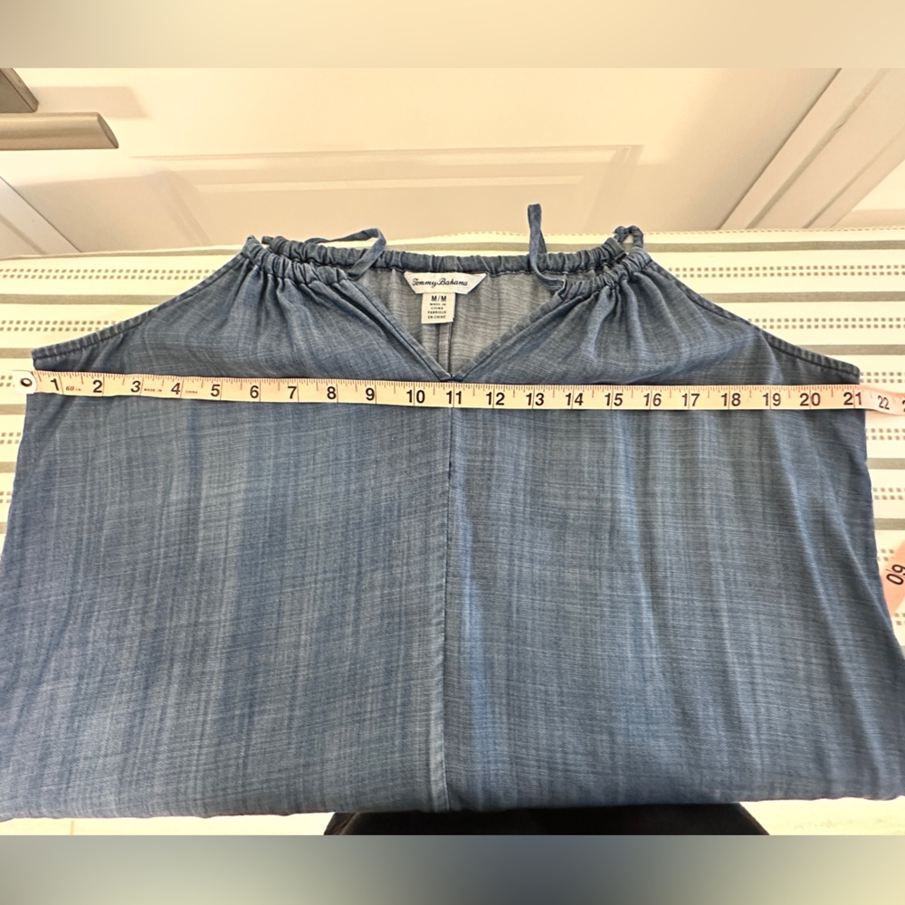 Tommy Bahama‎ Dress - Chambray / Denim Sundress, Asymmetrical Hem w/Embroidery. - Picture 9 of 11